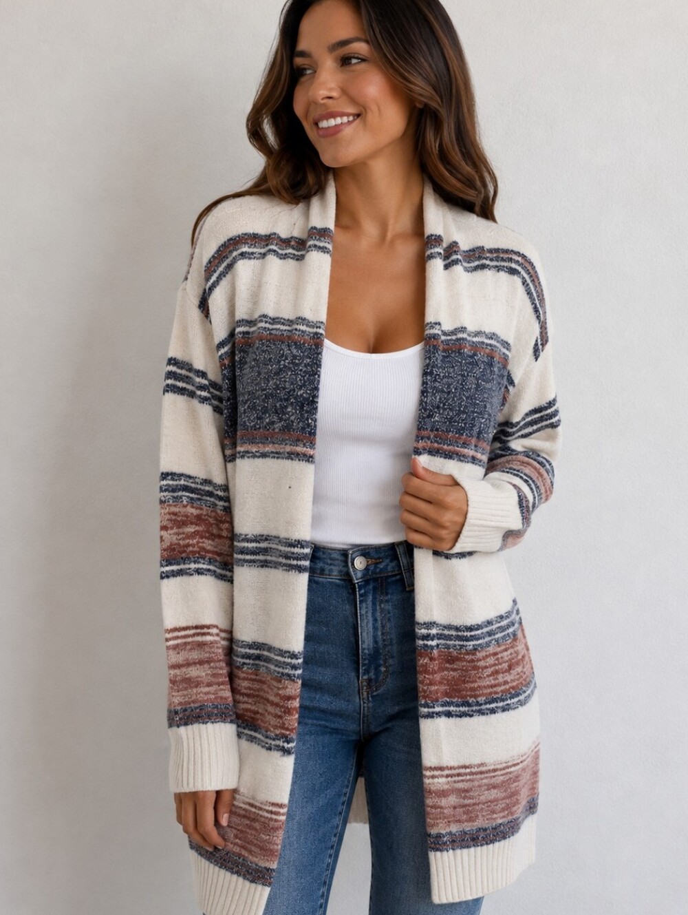 LOFT Ivory Open-Front Cardigan with Rust & Navy Stripes